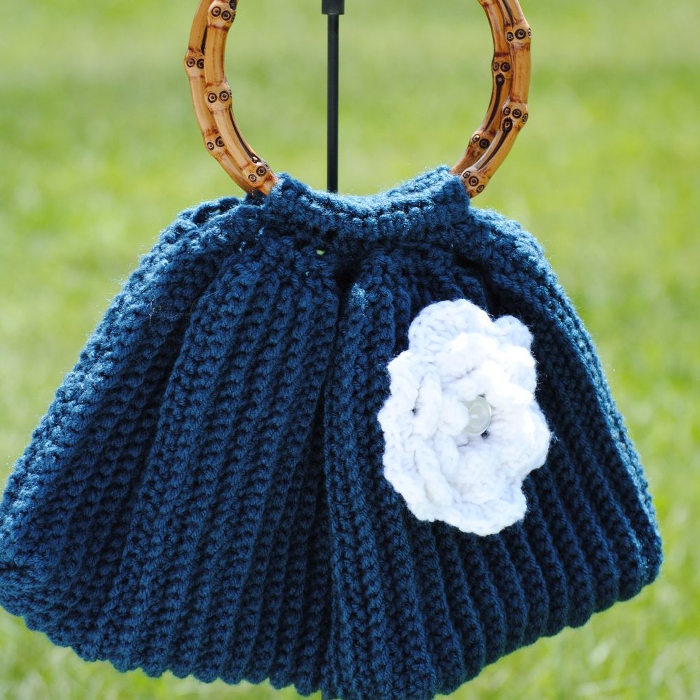Crochet Blue Purse with White Flower